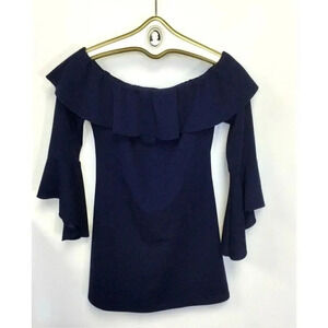 Love Nickie Lew Womens Small Off the Shoulder Mini Dress Navy Blue Ruffle‎ Neck
